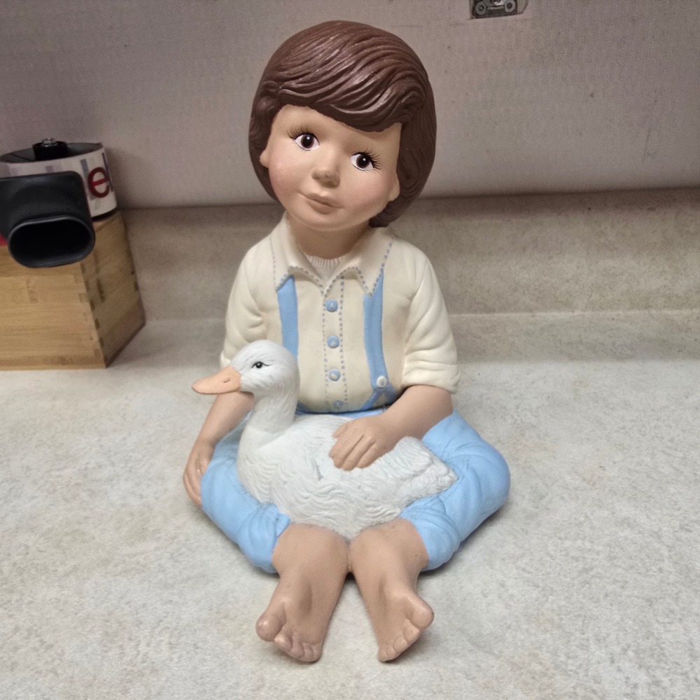 Vintage Ceramic Boy with Goose Figurine Blue Overalls Cottagecore Decor